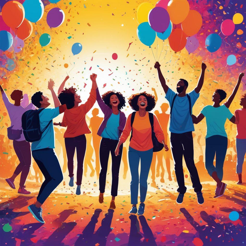 A colorful collage depicting people of diverse backgrounds engaging in various fun activities such as hiking, dancing, painting, playing games, and sharing laughter. The setting should be vibrant and lively, with elements like balloons, confetti, and playful designs in the background to evoke excitement. The overall tone should radiate joy and energy. bright colors. vector art. dynamic composition.