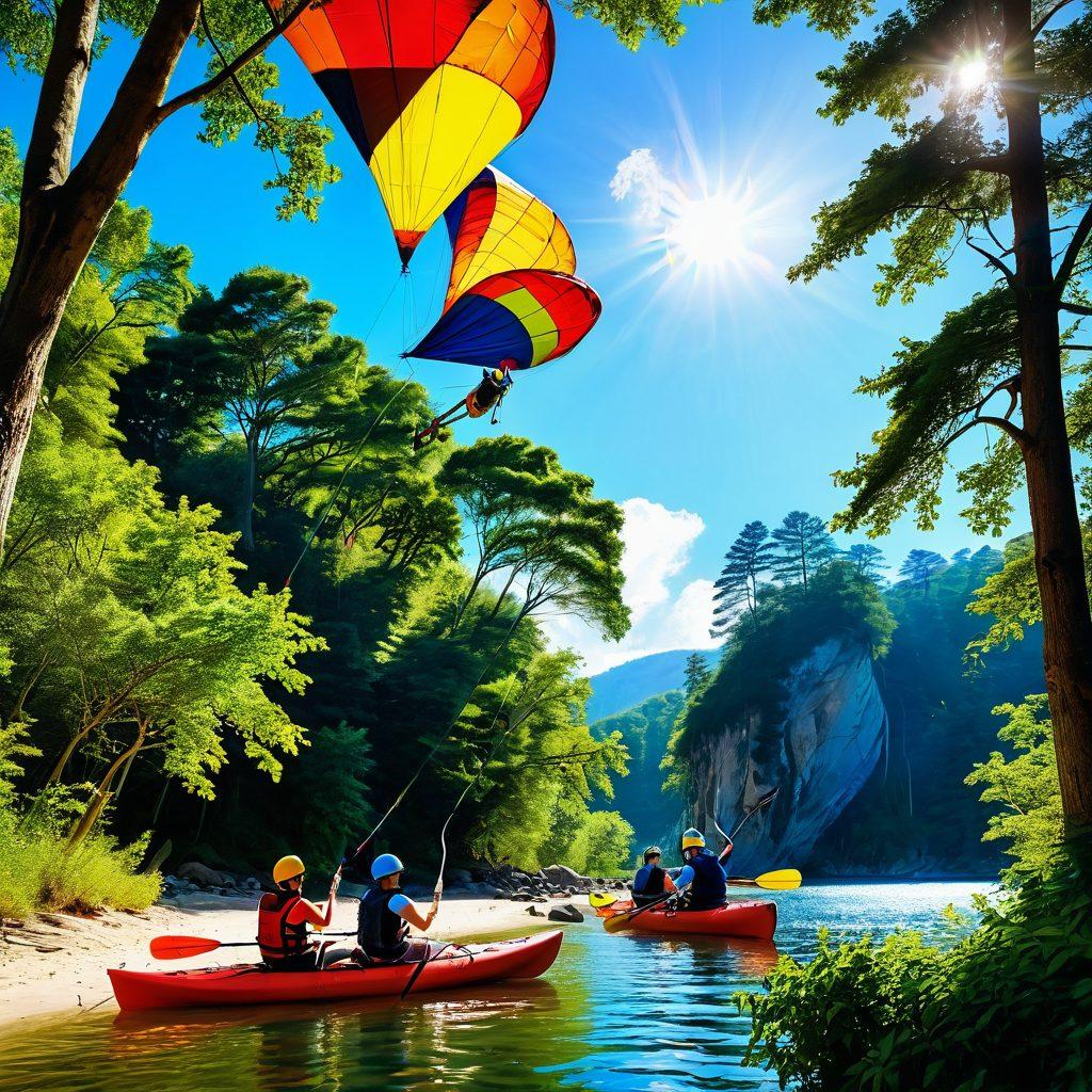 A joyful scene depicting a diverse group of friends engaging in adventurous, thrilling activities like zip-lining, rock climbing, and kayaking, surrounded by lush nature. Bright sun shining through tall trees, evoking a sense of freedom and exhilaration. Include playful elements like colorful kites flying in the sky and laughter echoing in the air, harmonizing with the spirit of fun. vibrant colors. outdoor scene. super-realistic.