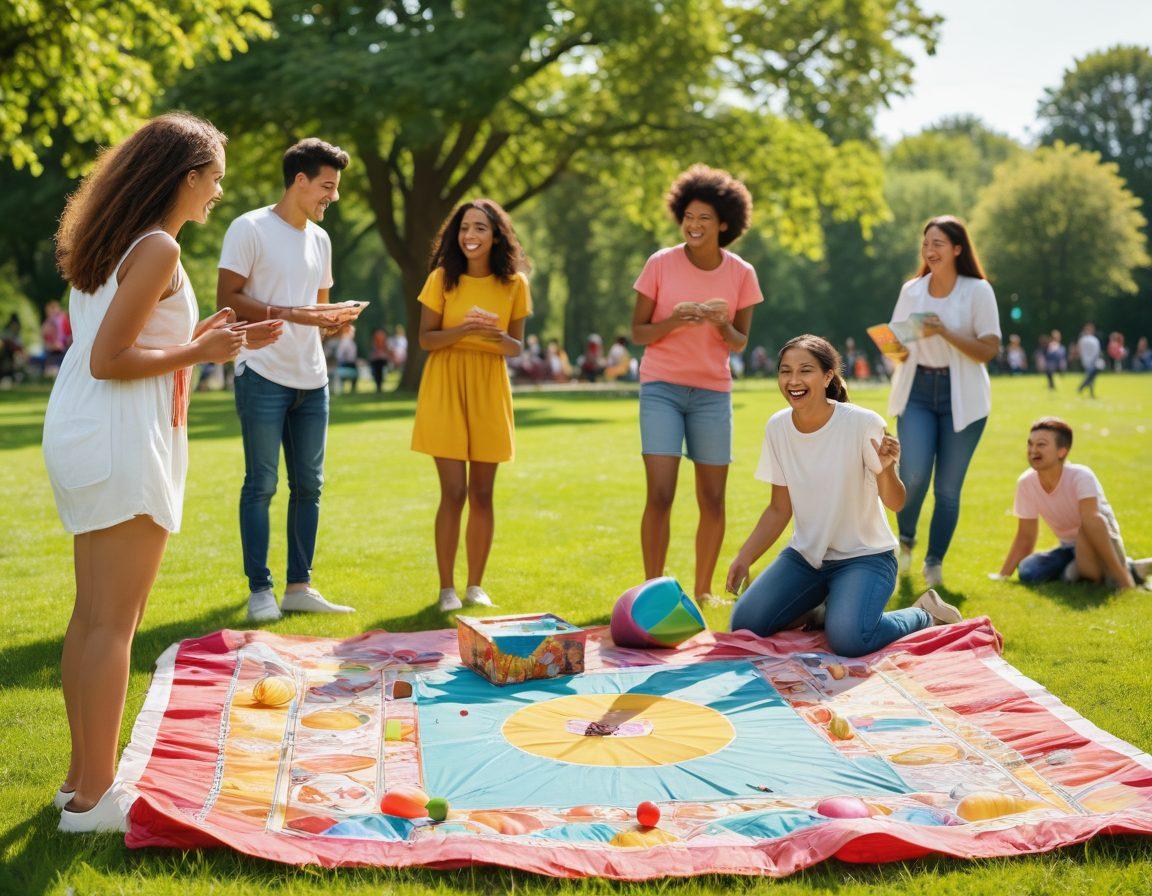 A lively scene depicting diverse groups of people engaged in various games and activities at a vibrant outdoor gathering. Colorful picnic blankets are spread across a sunny park, with laughter and joy evident in their expressions. In the foreground, board games are being played, while a group is enjoying a friendly game of frisbee in the background. Balloons and decorations create a festive atmosphere. Include elements that symbolize happiness and connection, like smiling faces and shared moments. vibrant colors. illustration.